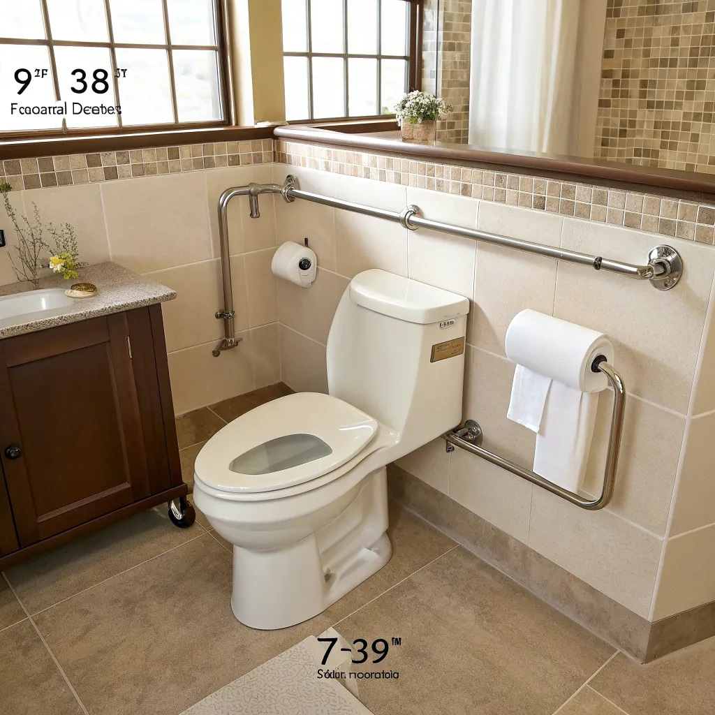 Bathroom featuring a toilet with support bars, a wooden cabinet with flowers, and natural light from large windows.
