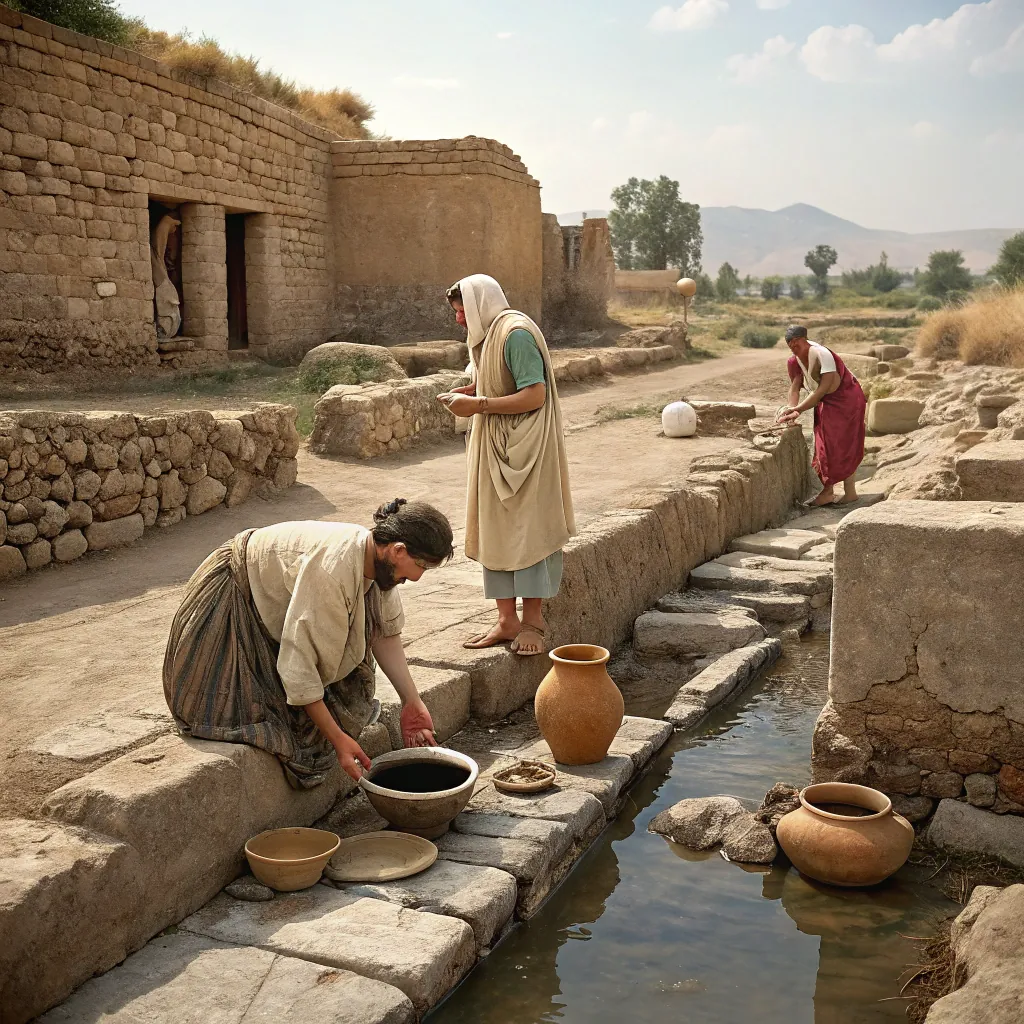 People in an ancient village perform daily chores, collecting water from a stone channel surrounded by earthenware pots and rustic buildings.