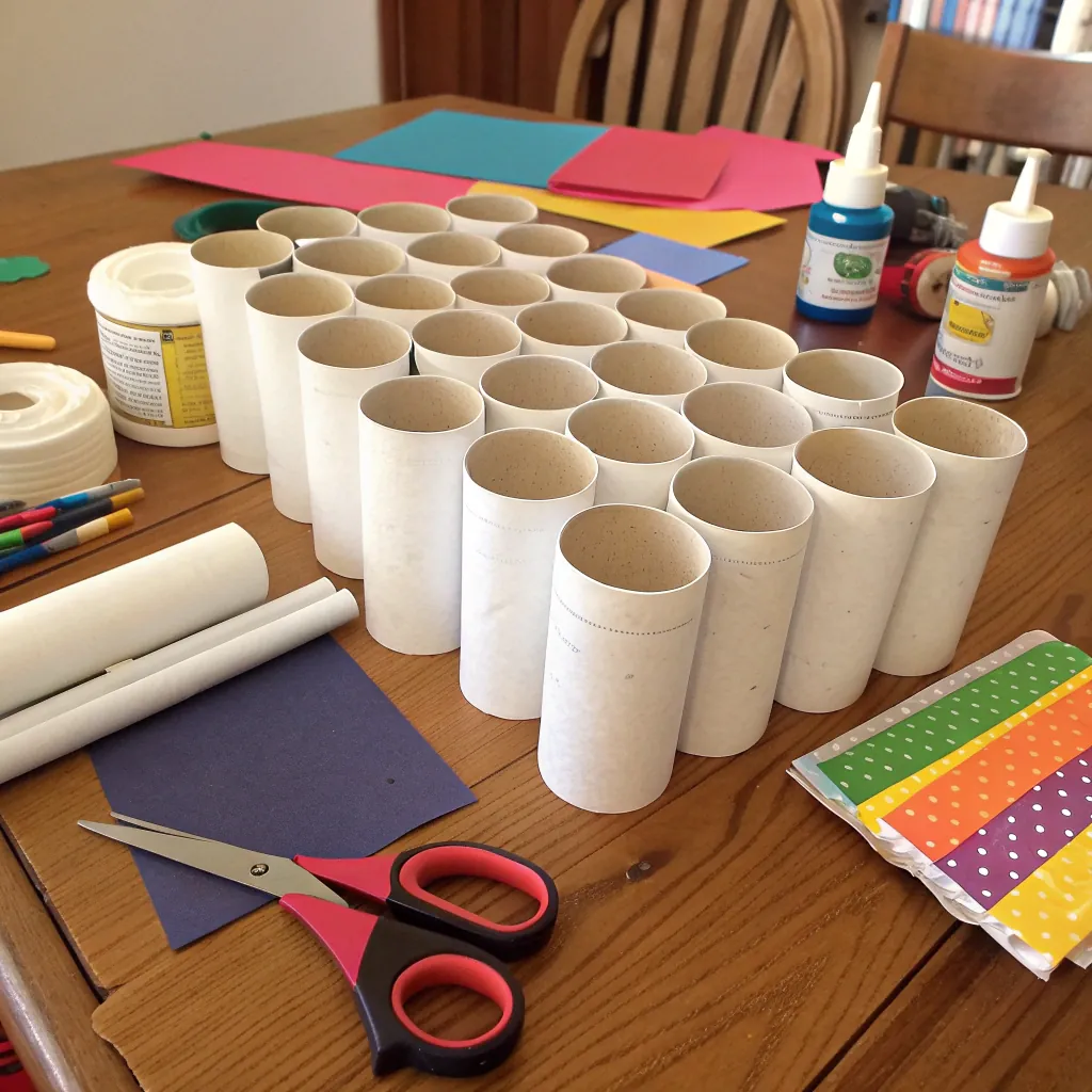 Various craft materials including paper tubes, colored paper, scissors, and glue set on a wooden table, ready for a project.