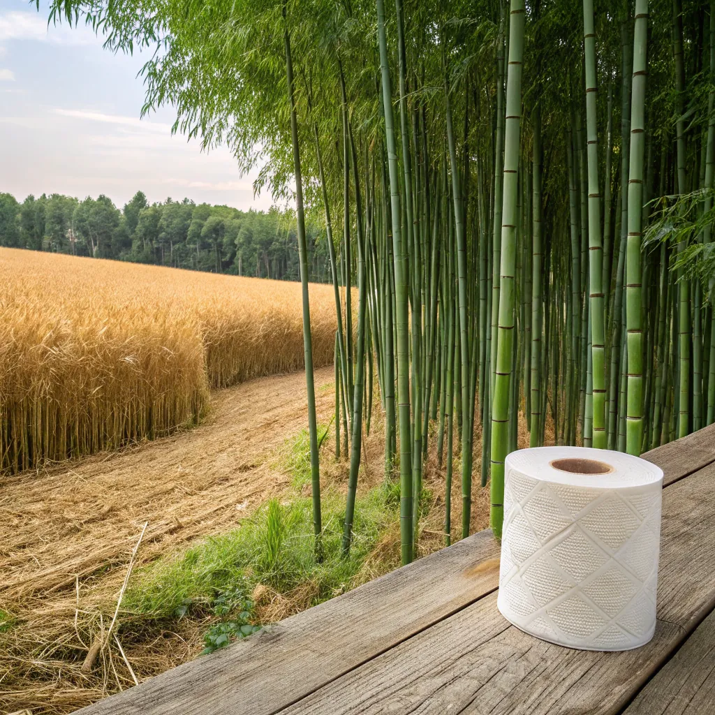 A roll of toilet paper on a wooden table beside bamboo trees and a wheat field, showcasing nature's contrast.
