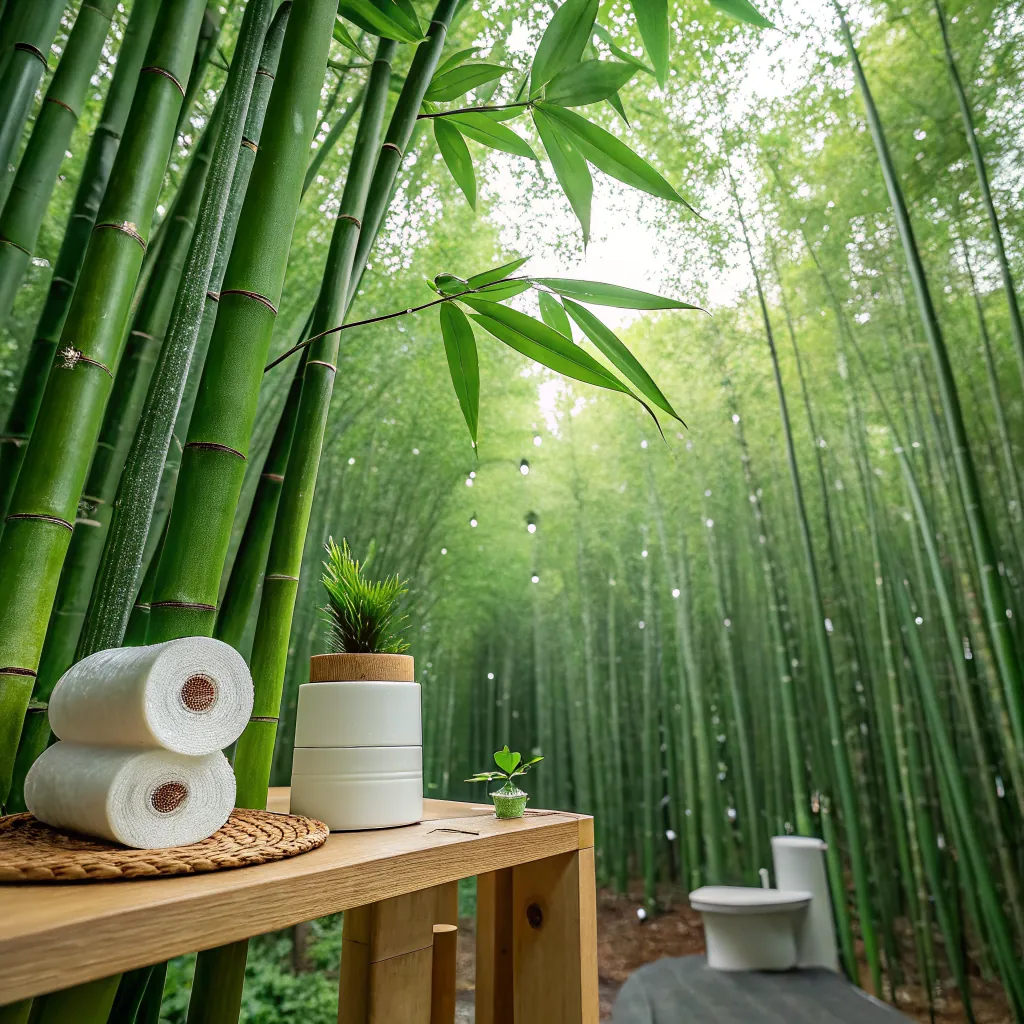 A tranquil bathroom scene with bamboo stalks, towels, and plants on a wooden shelf