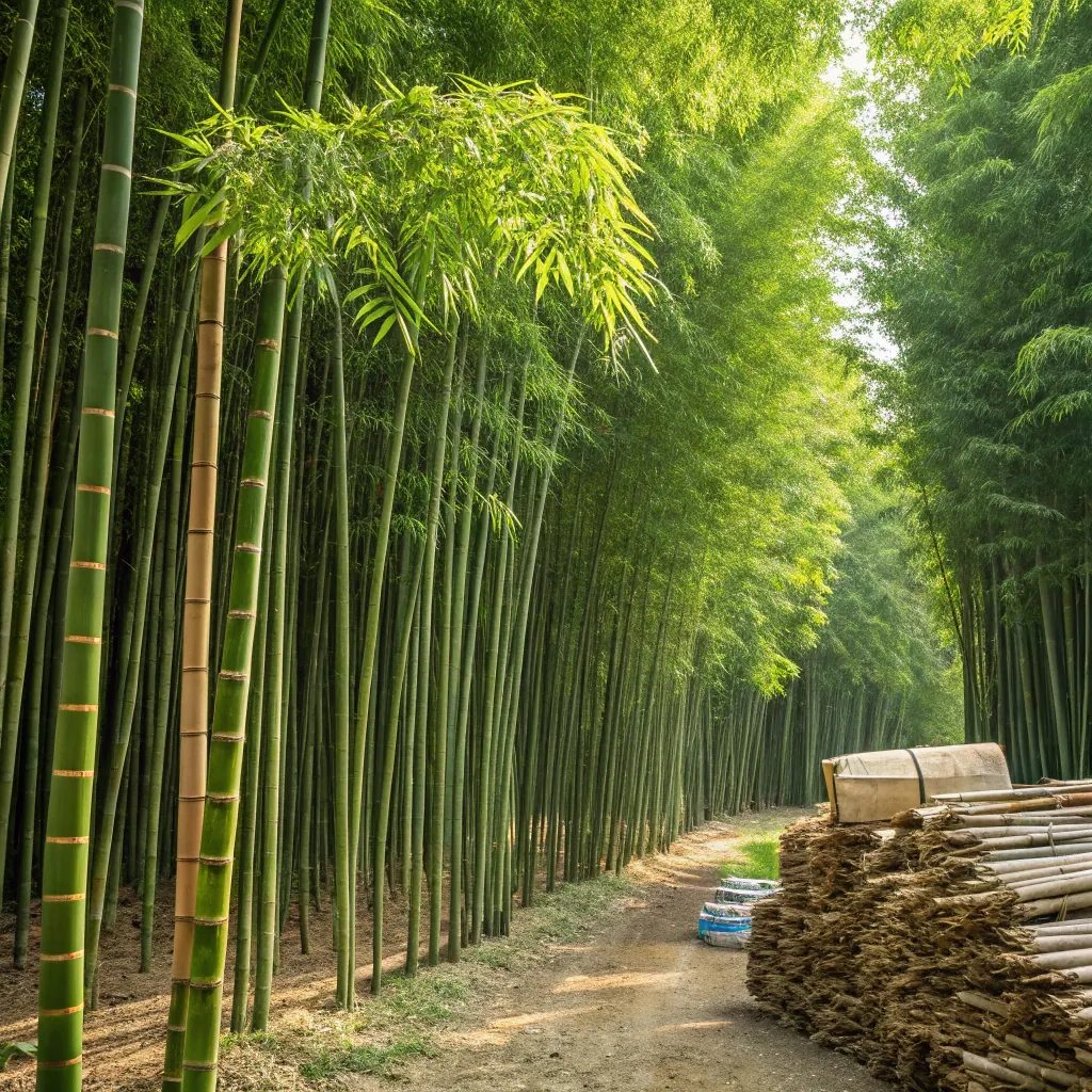 A sunlit path lined with tall green bamboo trees, with stacked bamboo poles on the right side of the path, in a dense bamboo forest.