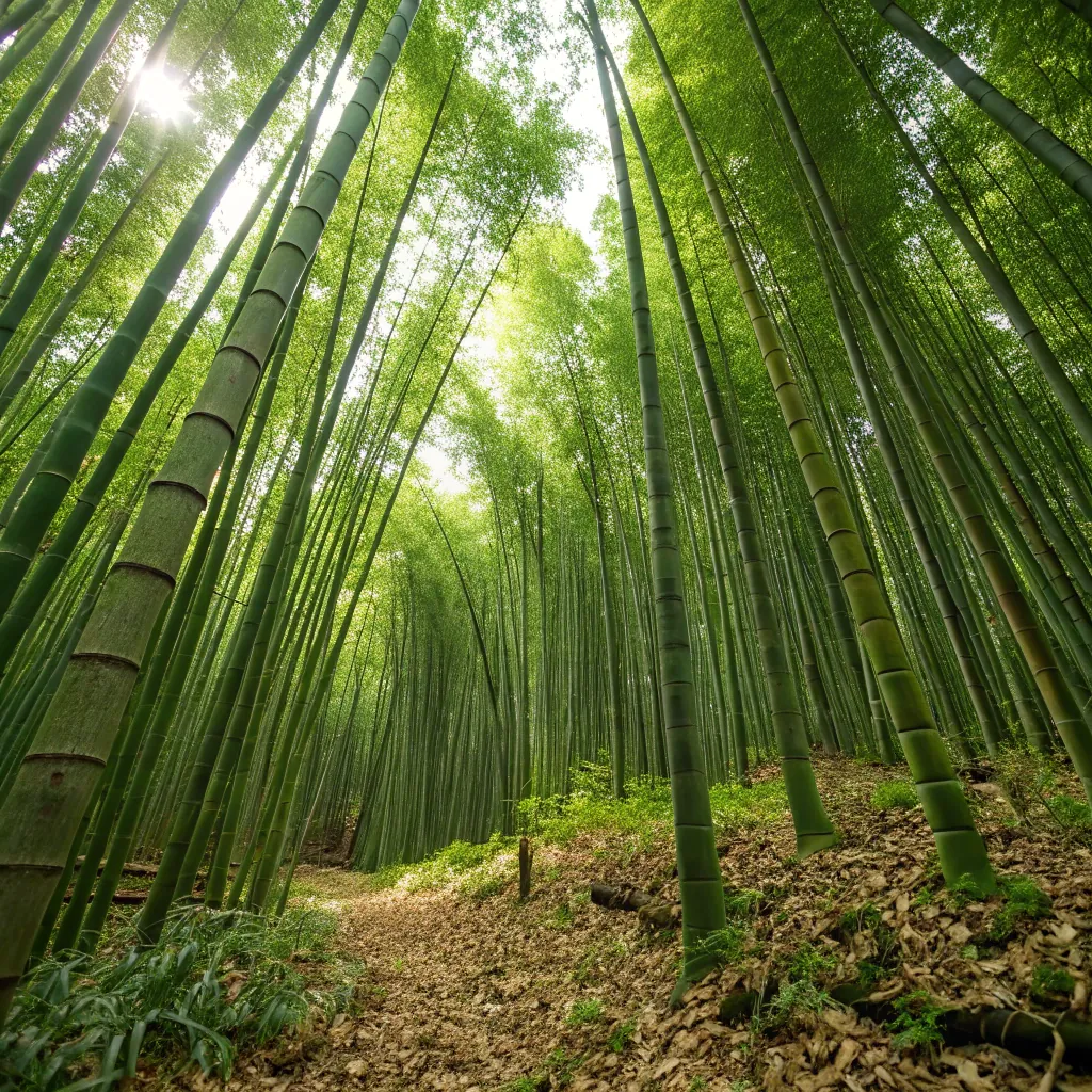 Tall, green bamboo stalks forming a canopy over a narrow dirt path in a serene forest setting, with sunlight filtering through the leaves.