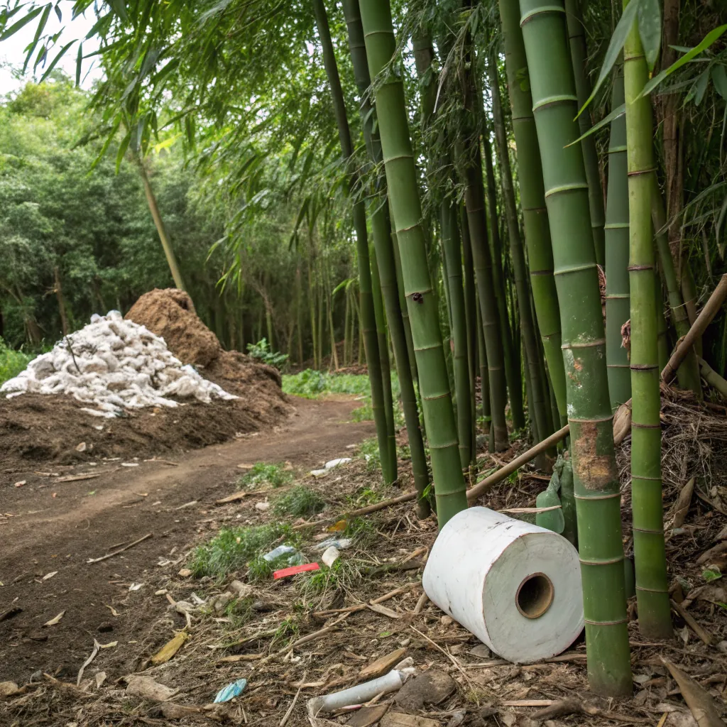 A bamboo forest scene featuring tall green bamboo stalks, a roll of paper on the ground, and a pile of waste nearby.