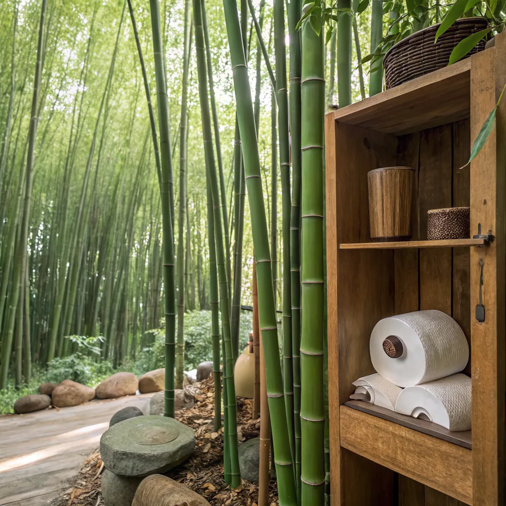 A wooden shelf with towels and containers in a bamboo garden, surrounded by tall green bamboo stalks.