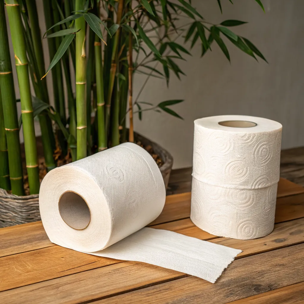 Two rolls of paper towels beside bamboo plants on a wooden surface