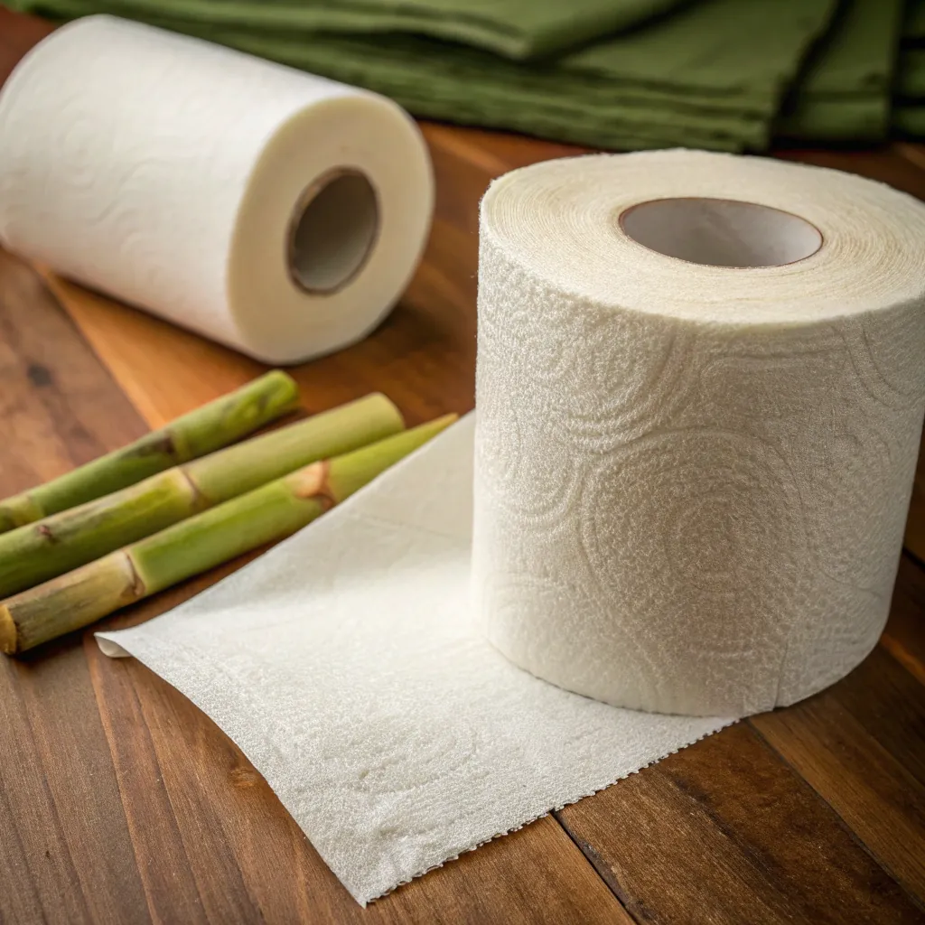 A bamboo toilet paper roll with textured surface on a wooden table, alongside bamboo sticks and green cloth material in the background.