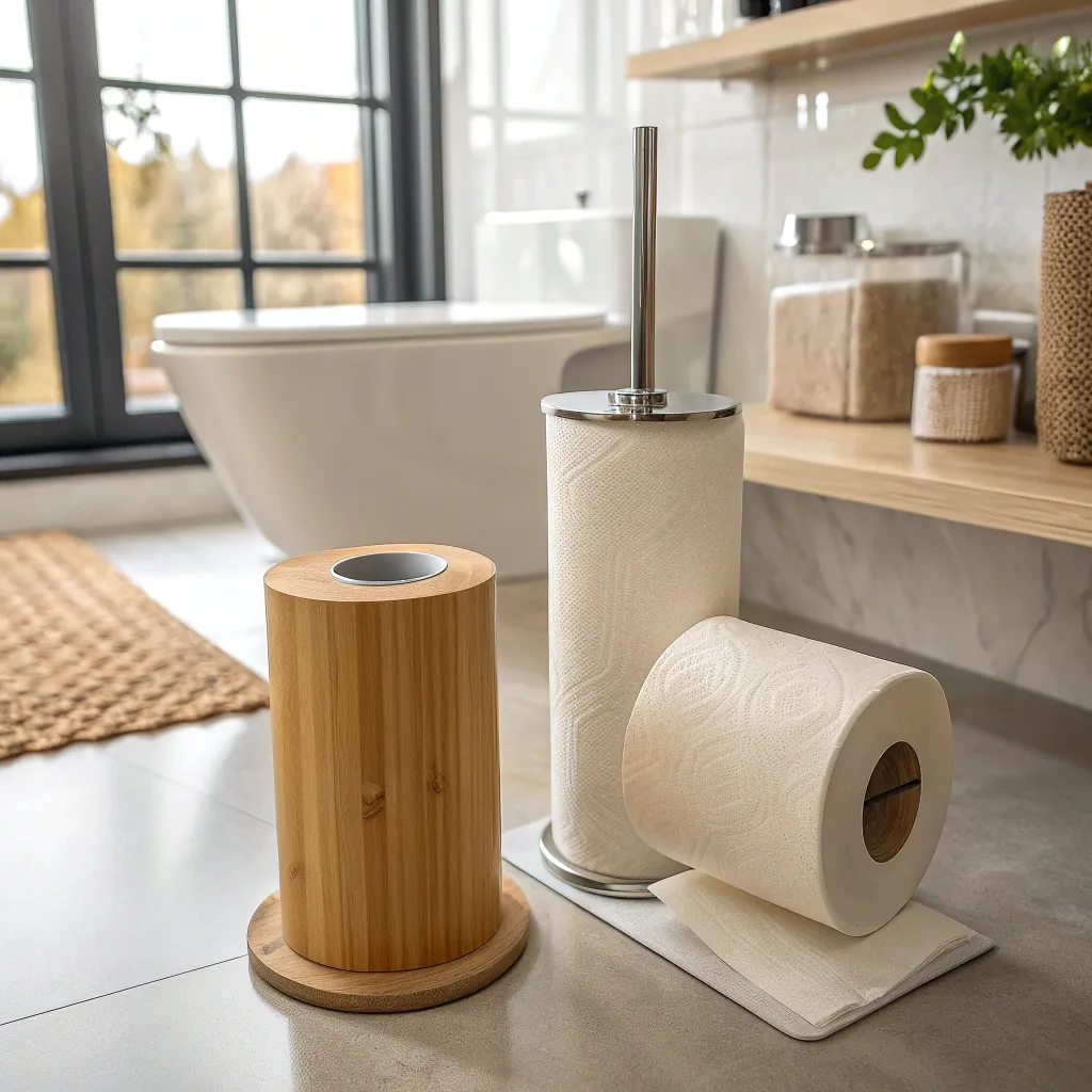 Bathroom scene with toilet paper rolls on a wooden holder and chrome stand against a window and shelf backdrop.
