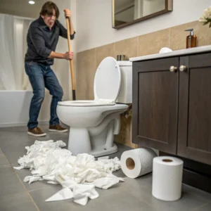 A man using a plunger in a bathroom with toilet paper scattered on the floor