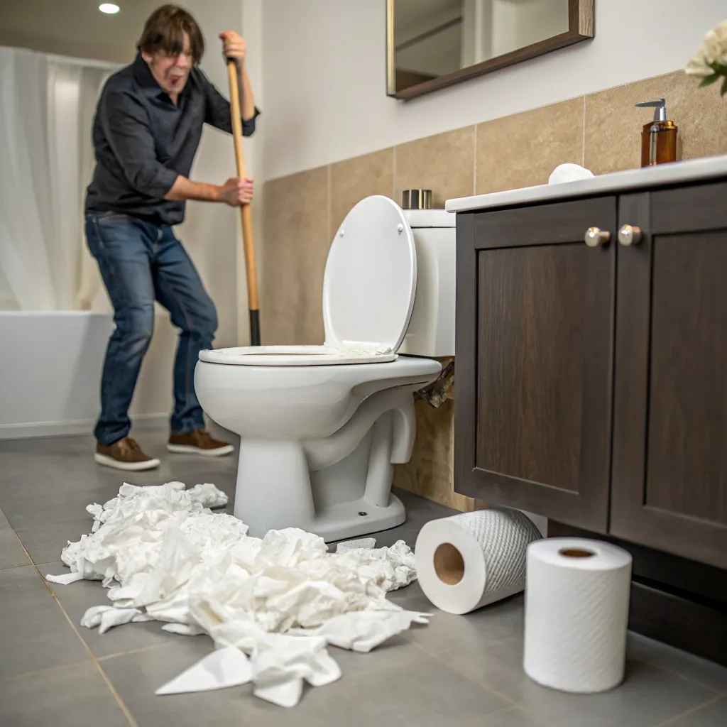 A man using a plunger in a bathroom with toilet paper scattered on the floor