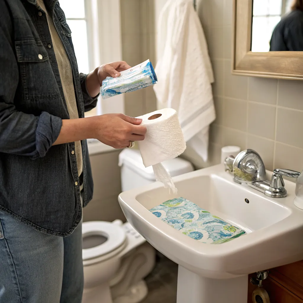 Individual holding paper towels and cleaning wipes over a sink in a bathroom