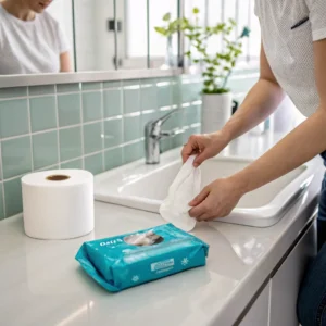 A person holds a cleaning cloth near a sink with a paper towel roll and wipes on the counter