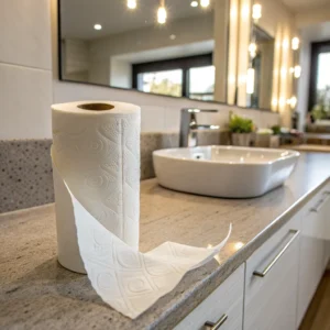 Toilet paper roll with detailed patterns on a bathroom counter near a white sink and mirror.