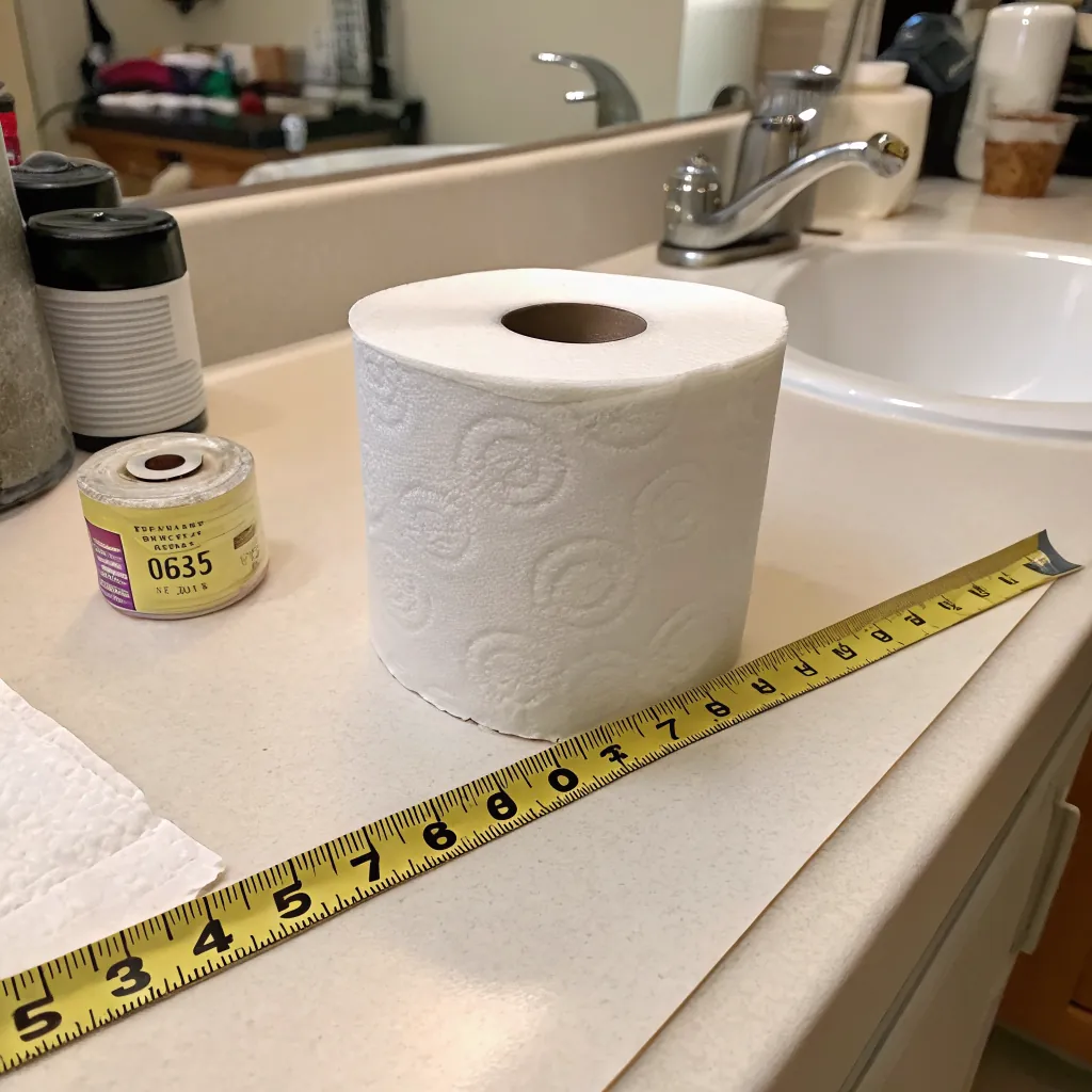 A roll of paper towels on a bathroom counter next to a measuring tape and other items