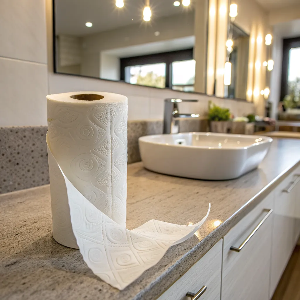Toilet paper roll with detailed patterns on a bathroom counter near a white sink and mirror.