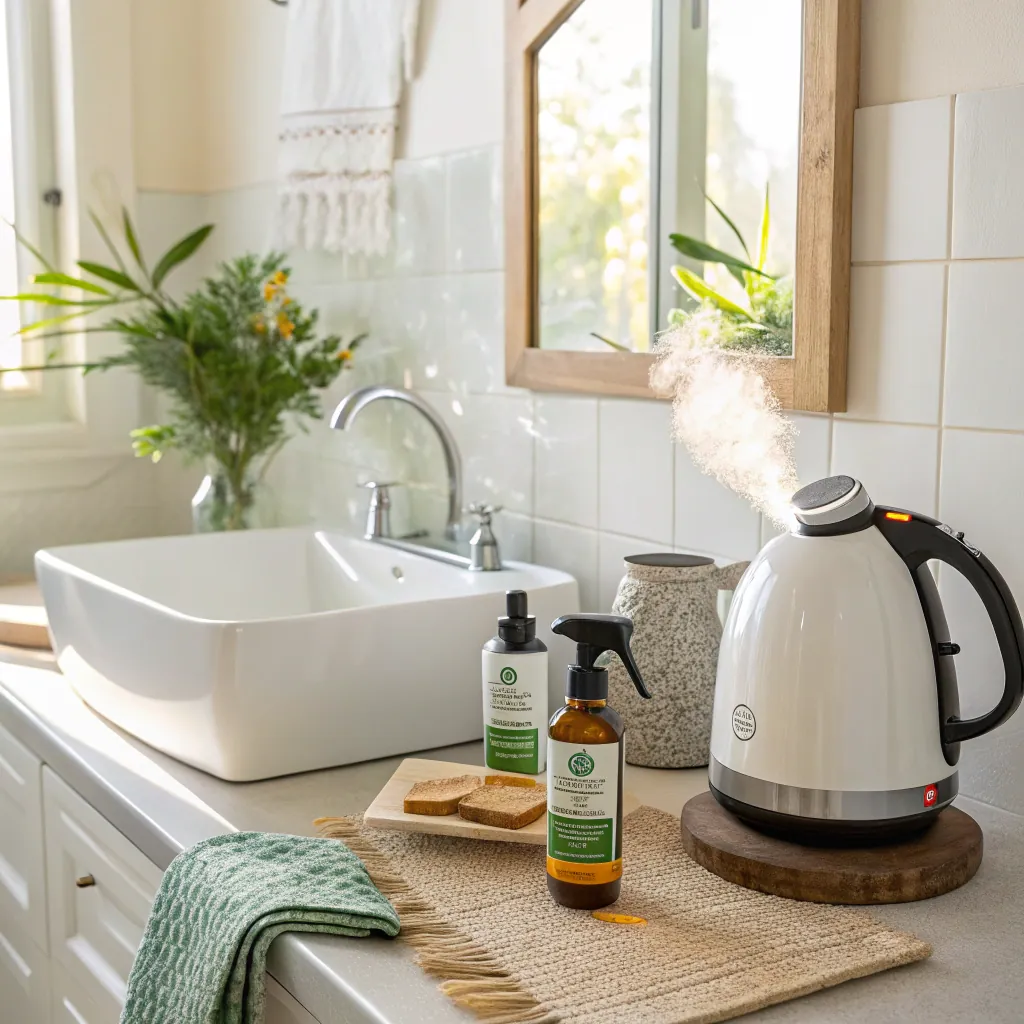 Bathroom countertop featuring a steaming kettle, soaps, and plant decor near a sink and mirror.