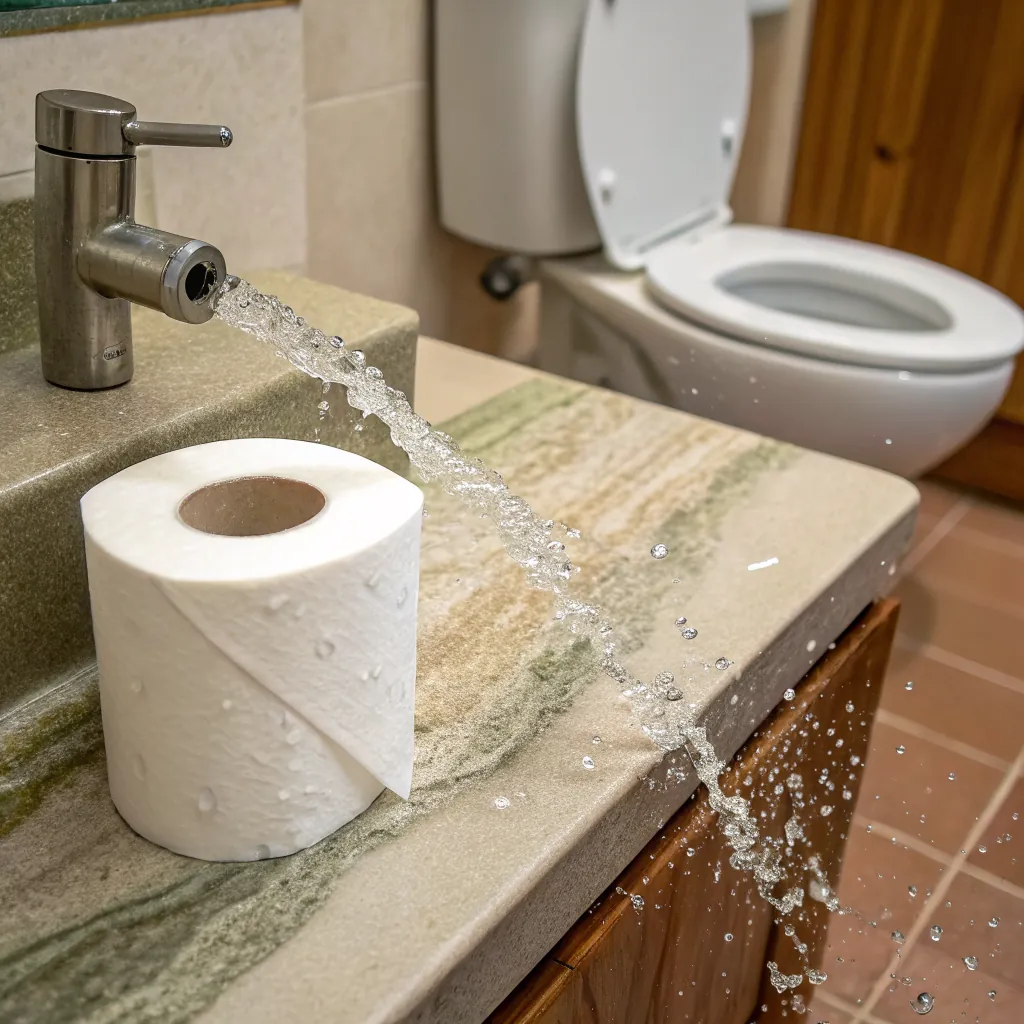 A bathroom faucet leaking water onto a countertop with a roll of toilet paper nearby.