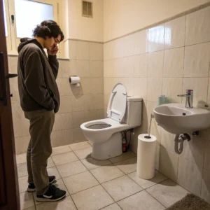 A person in a hoodie stands in a bathroom, looking thoughtful near a toilet and sink.