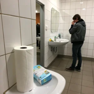 A bathroom scene featuring a person at a sink, paper towels, and a box on the counter.