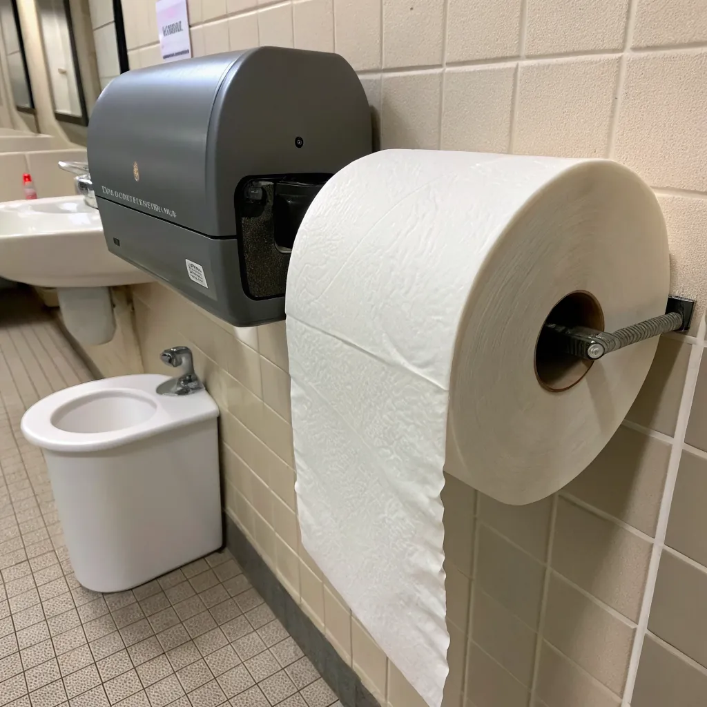 A paper towel dispenser mounted on a wall with a roll of towels hanging down, next to a sink and toilet.