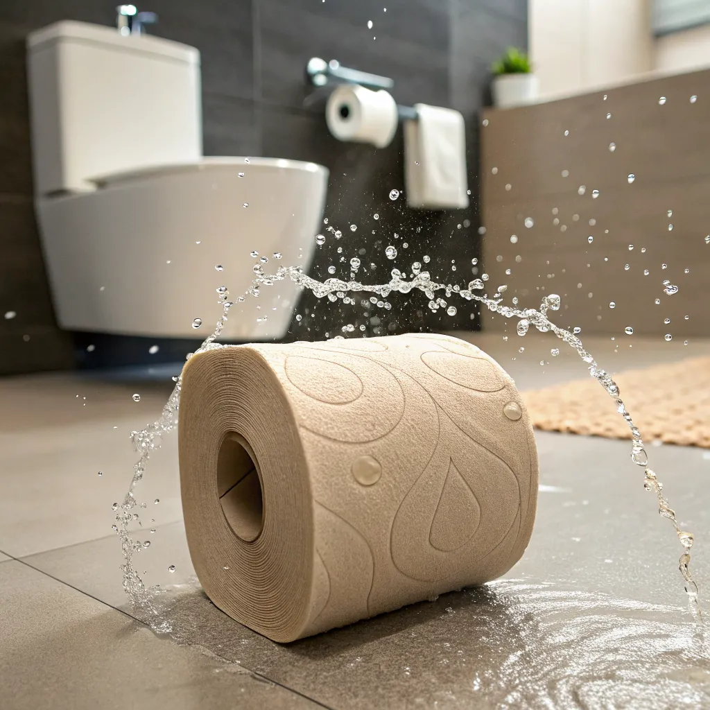 A roll of paper towel on a bathroom floor with water splashing around it, creating droplets