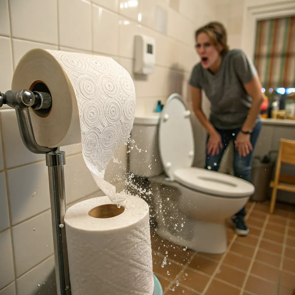 A roll of paper towels with water splashing, bathroom setting, person in background
