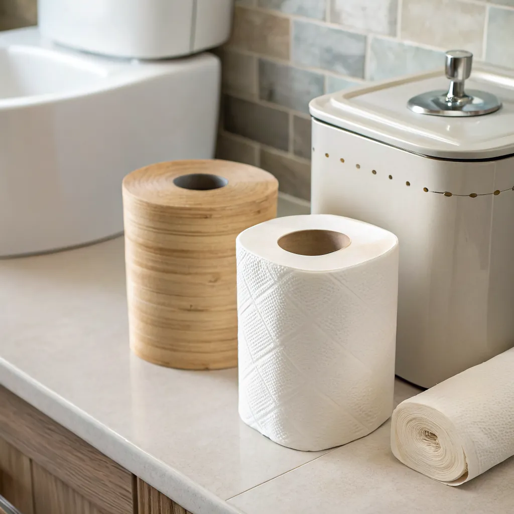 Three rolls of paper towels on a bathroom countertop, including white and wooden styles, near a trash can.