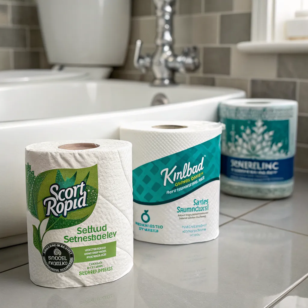 Three rolls of paper towels displayed on a bathroom counter, featuring different brands and designs.