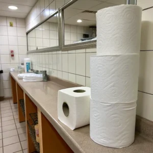 Three rolls of paper towels stacked on a countertop in a bathroom, with a mirror in the background.