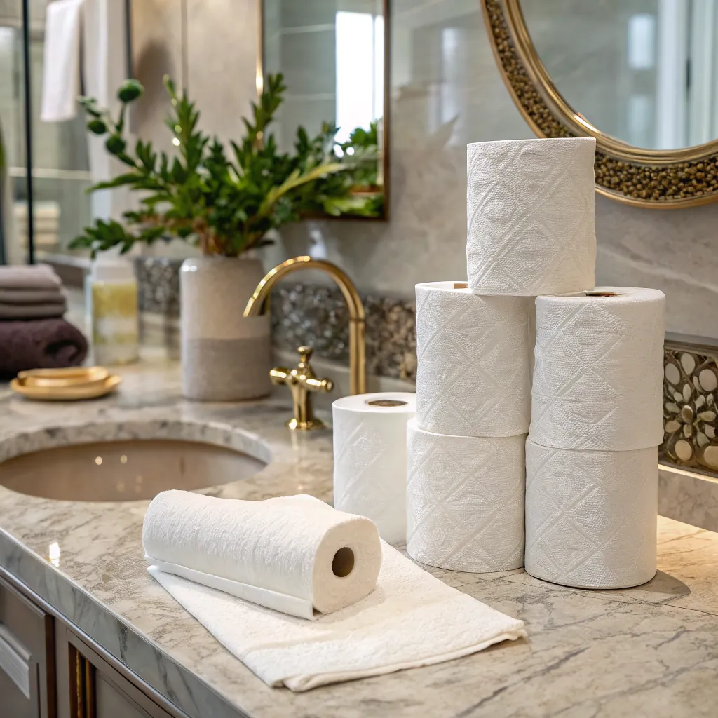 A stack of white paper towels on a marble countertop with a faucet and greenery in the background.