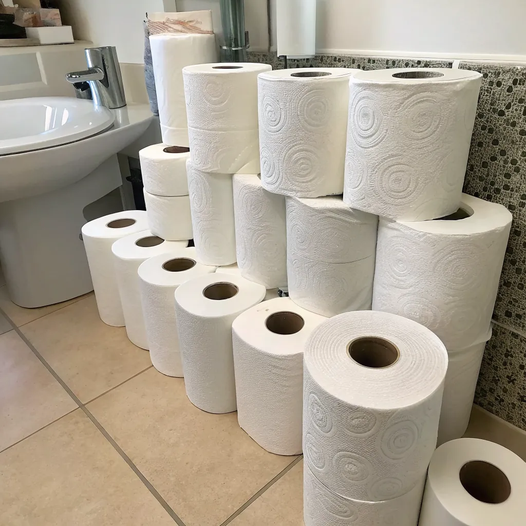 A tall stack of white paper towel rolls arranged in a bathroom setting, next to a toilet.
