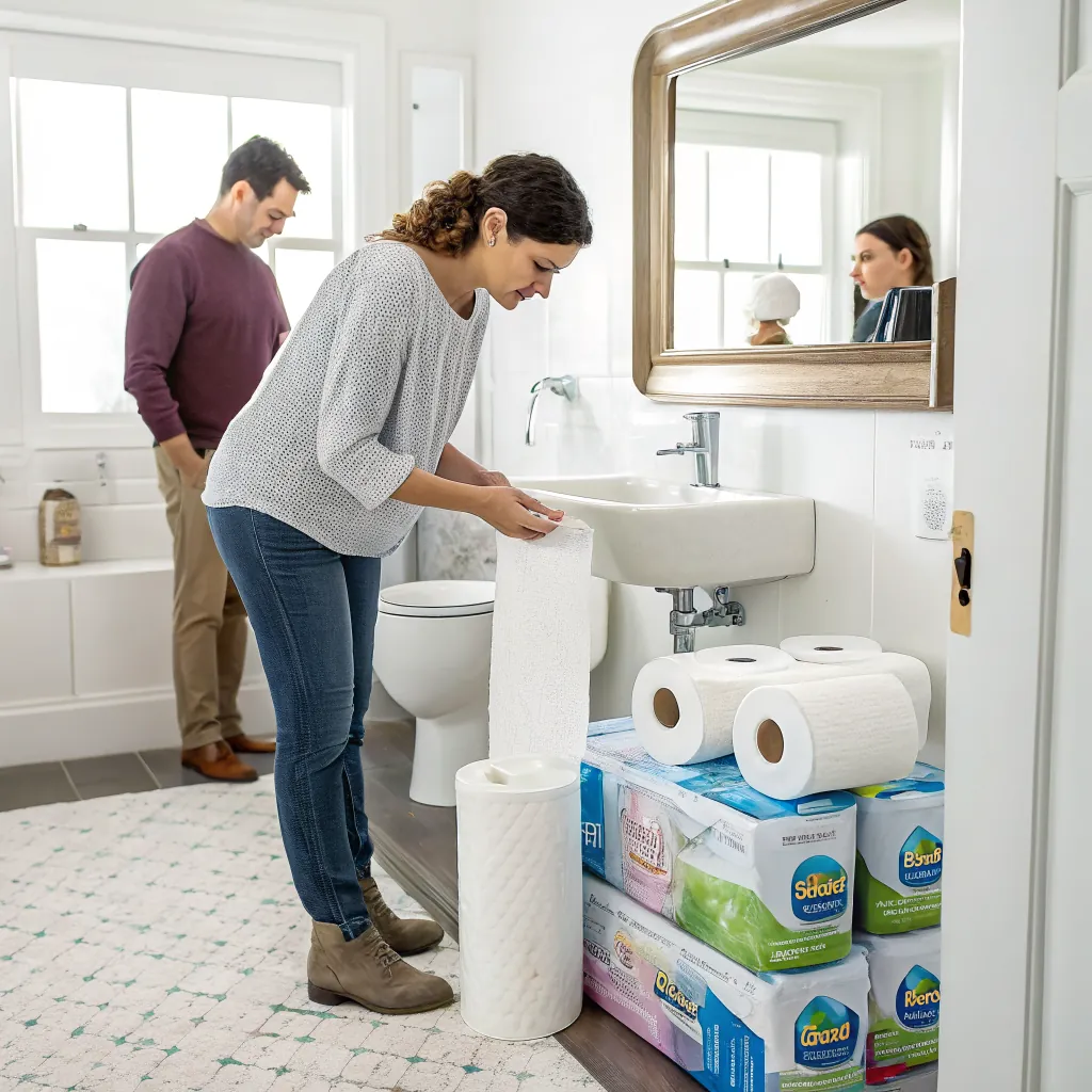 A woman organizes paper towels near a sink in a bathroom, with a man in the background