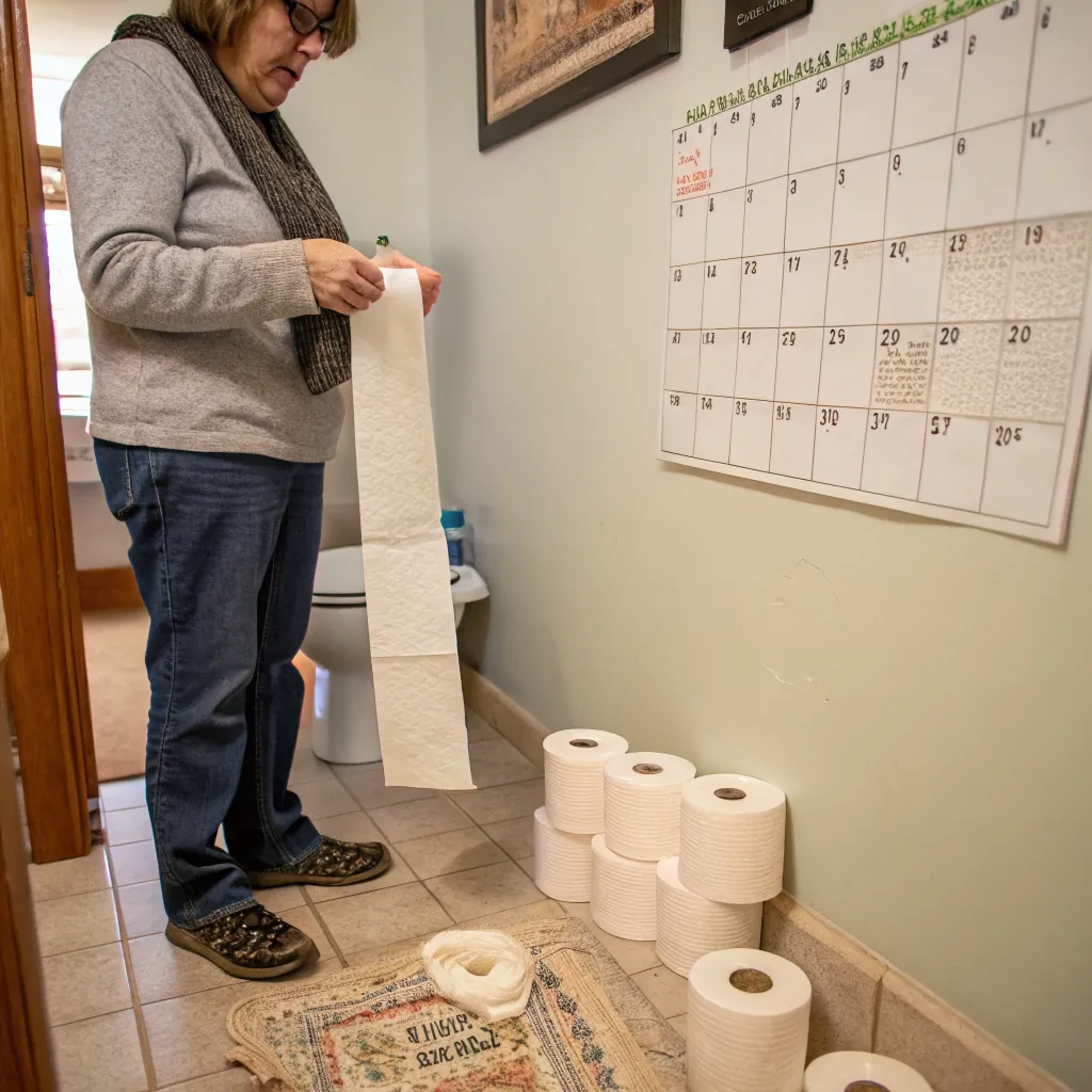 Individual in a bathroom holding a roll of paper towels near a calendar and toilet