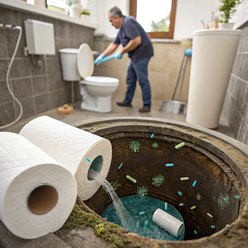 A plumber in gloves working on a toilet while paper towels and water flow from a drain
