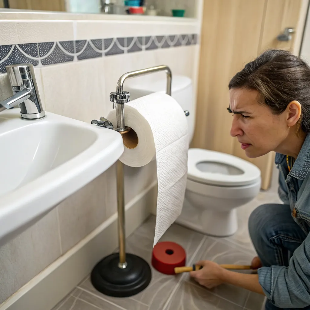 Individual kneeling on the floor with a plunger near a toilet, paper towel roll visible