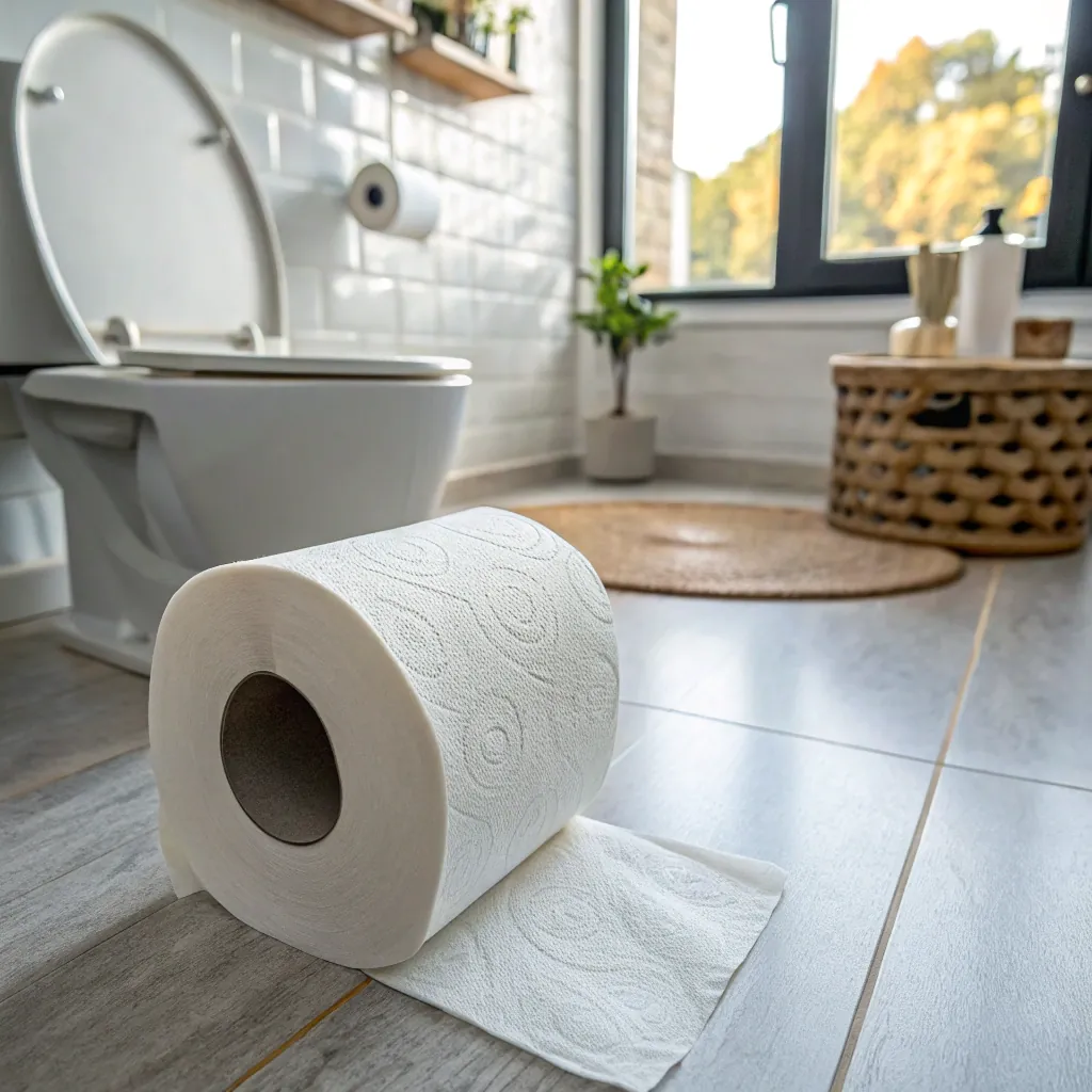 A toilet paper roll on the floor of a contemporary bathroom with a toilet, wicker basket, and window view.