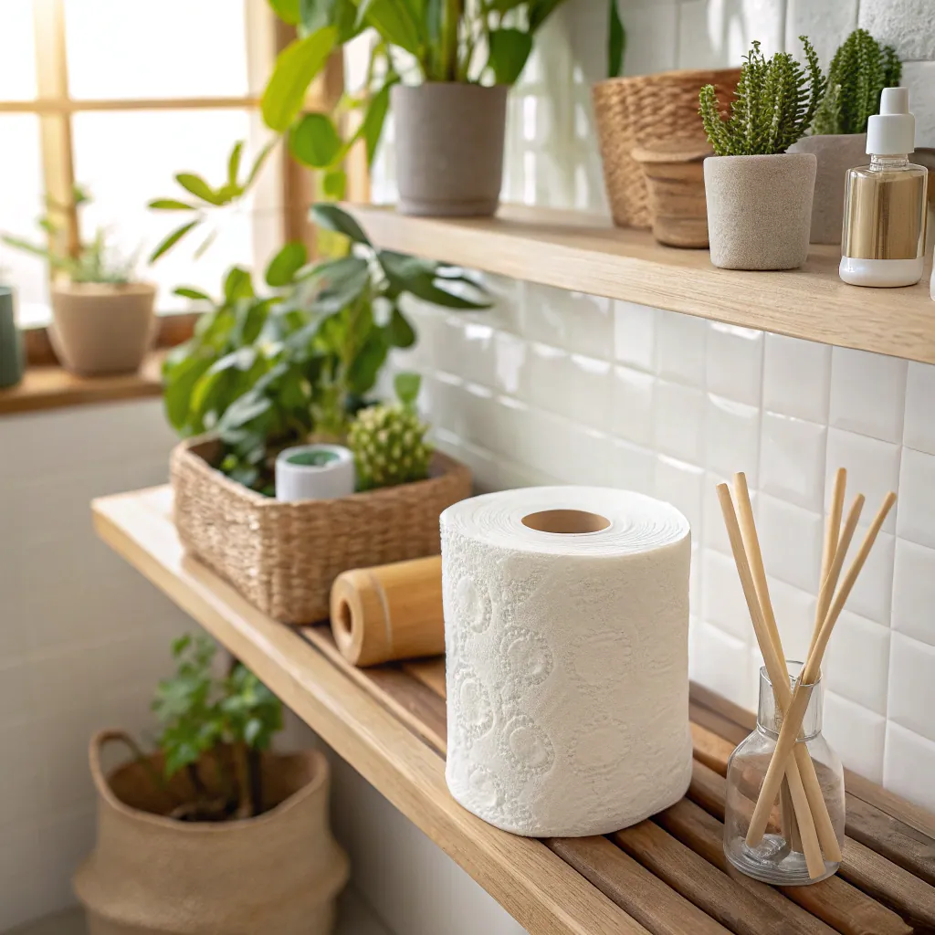 A bathroom shelf with a tissue roll, plants, and decorative items, creating a natural and organized look.