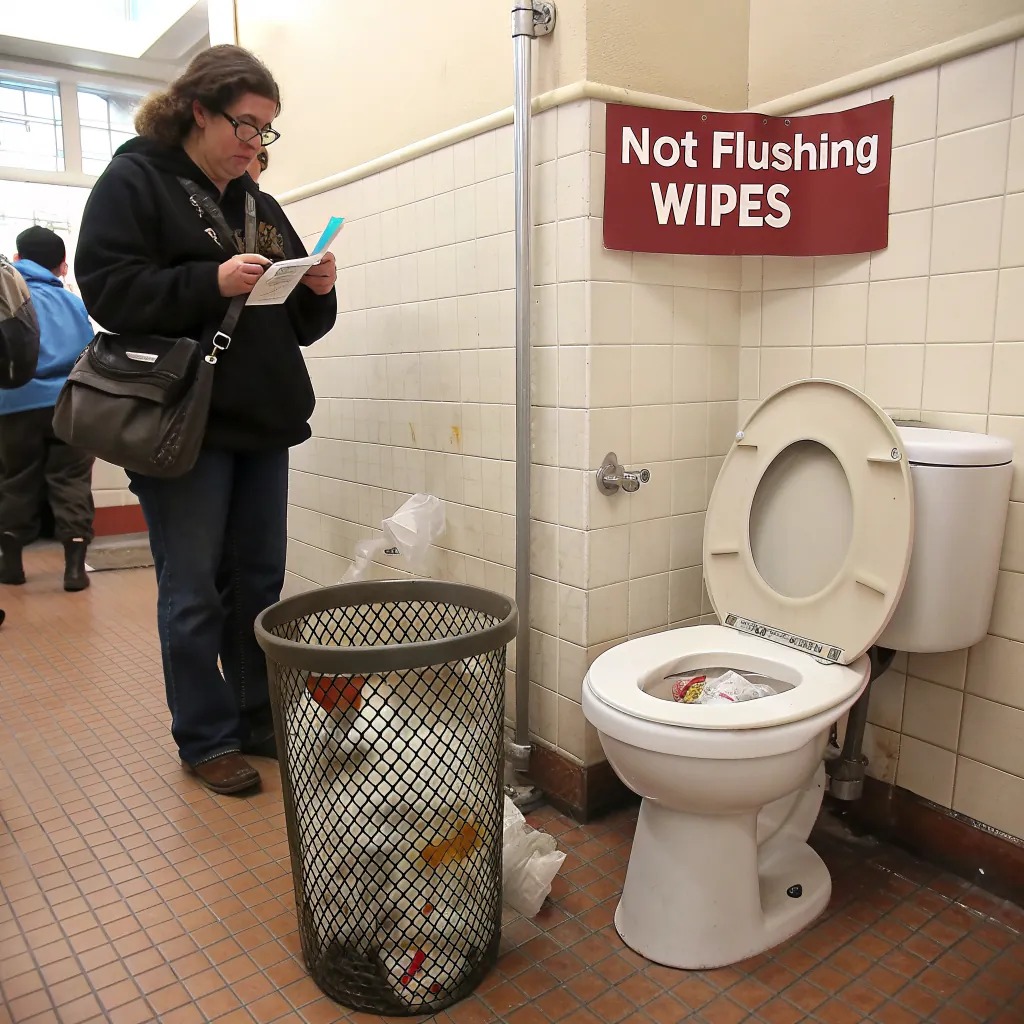 A bathroom scene showing a sign against flushing wipes, a trash can, and a toilet.