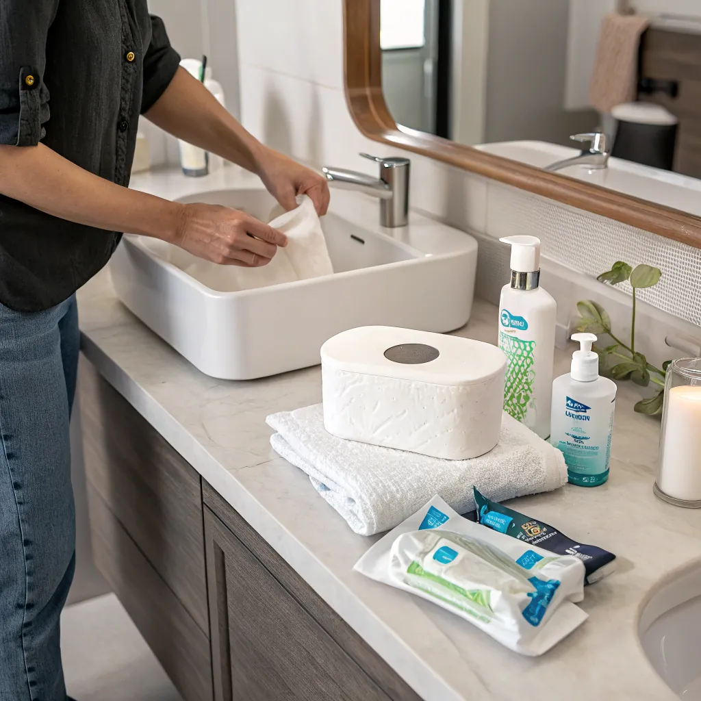 A person washing hands in a modern bathroom sink with cleaning supplies nearby.