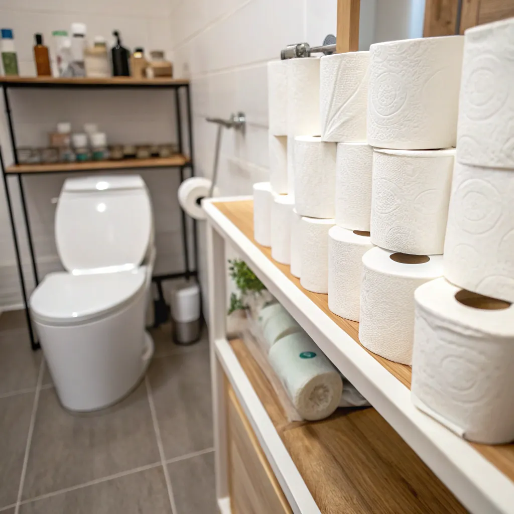 Modern bathroom featuring neatly stacked toilet paper rolls on a shelf, a white toilet, and storage shelves with toiletries in the background.