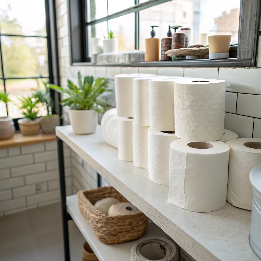 Bathroom shelf with stacked toilet paper rolls, potted plants, and toiletries. Natural light from the window, modern aesthetic.