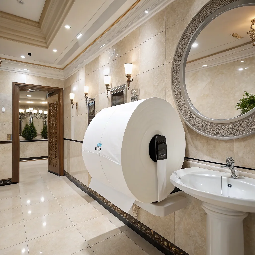 A spacious bathroom featuring a large tissue dispenser, elegant sink, and decorative lighting.
