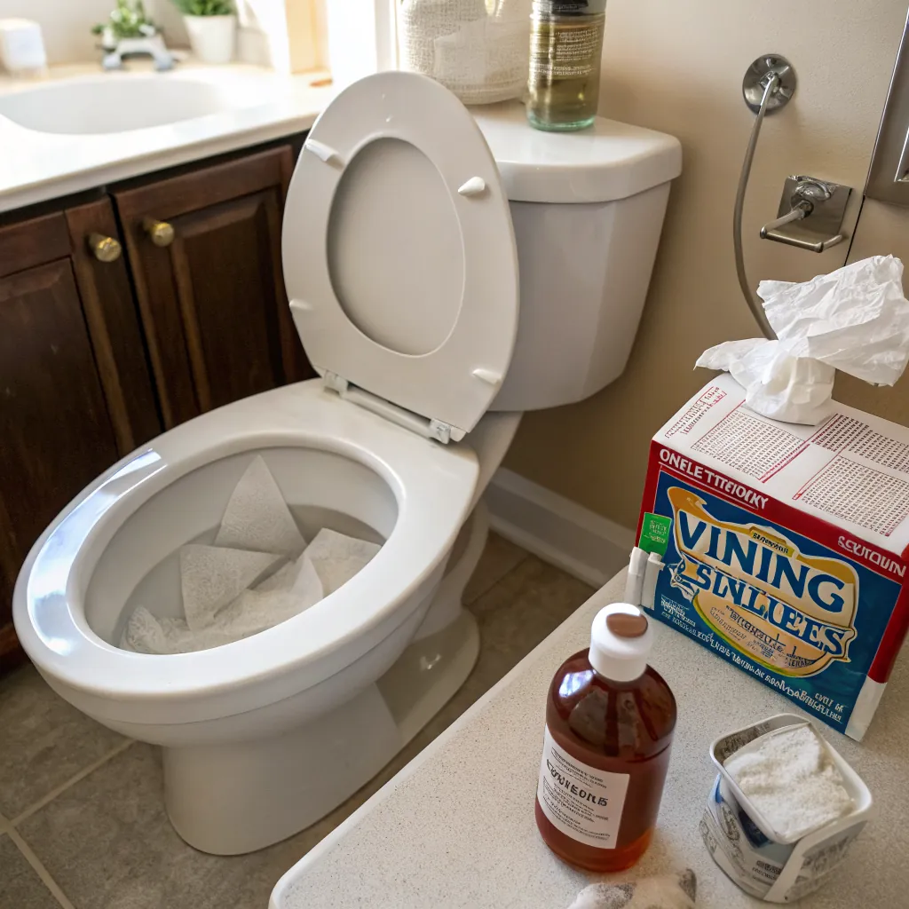 A bathroom scene featuring a toilet with paper towels inside, cleaning supplies on the counter, and a tissue box.