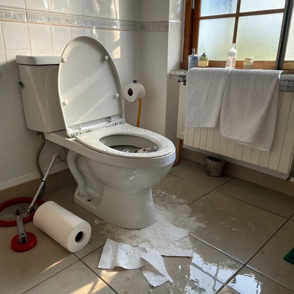 Bathroom with an overflowed toilet with water and paper towels on the floor, creating a mess under natural light.