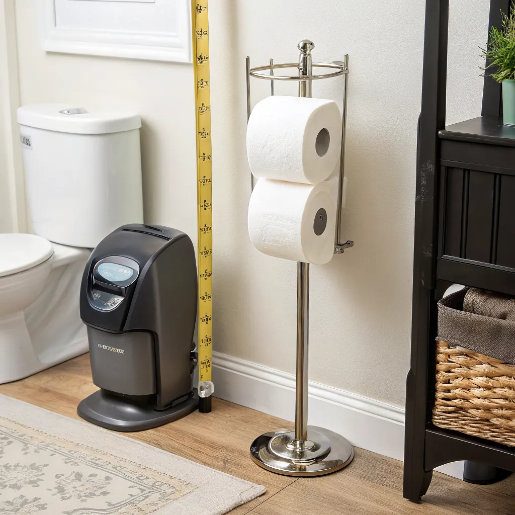 A modern bathroom featuring a toilet paper holder with two rolls, a trash can, and a measuring tape on the wall.
