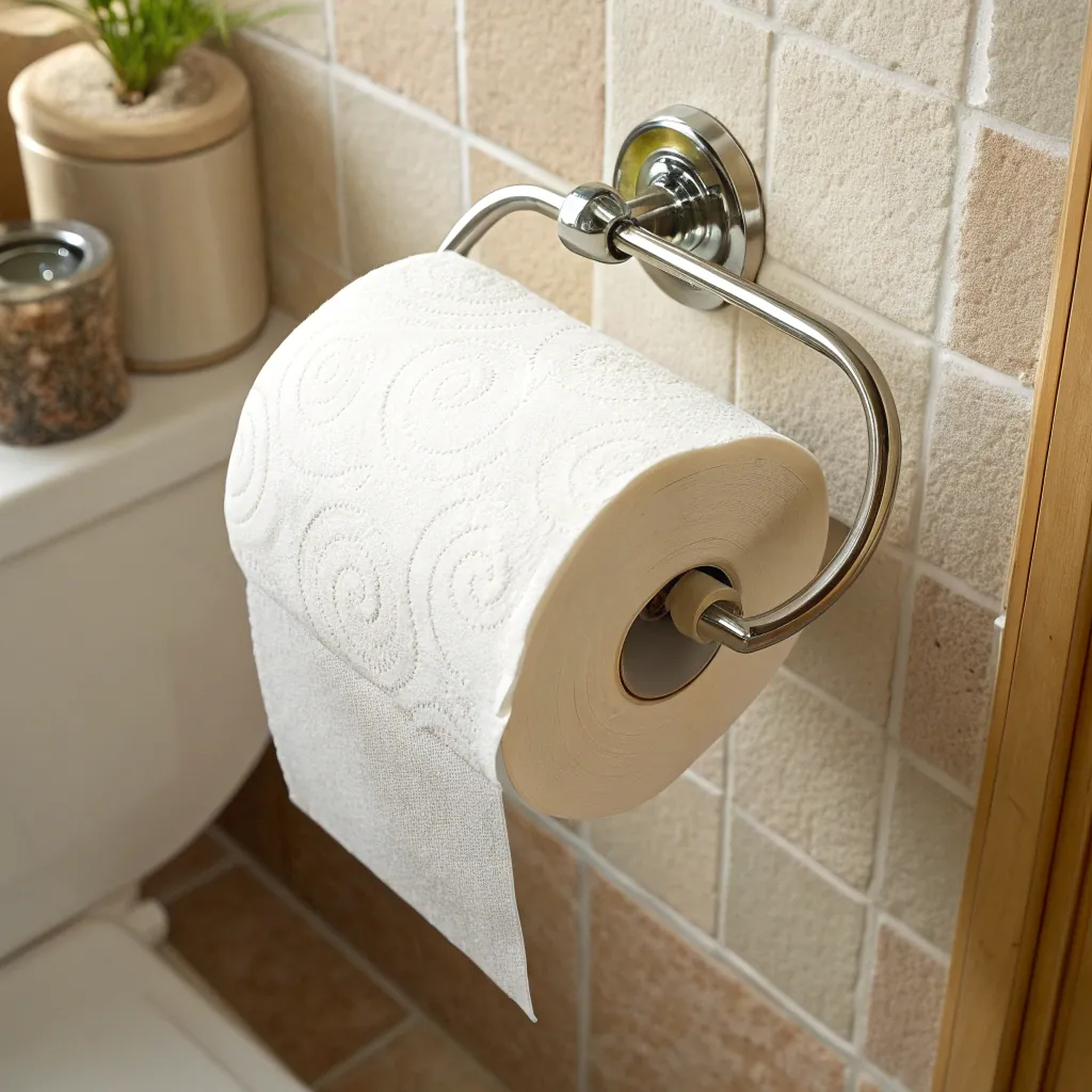 Toilet paper roll on a metal holder attached to a tiled bathroom wall, with a plant and jar in the background.