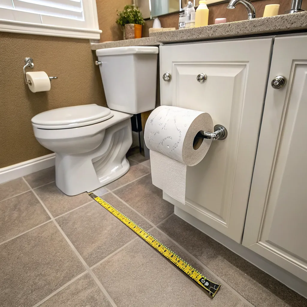 A bathroom scene featuring a toilet, paper towel holder, and measuring tape on the floor.