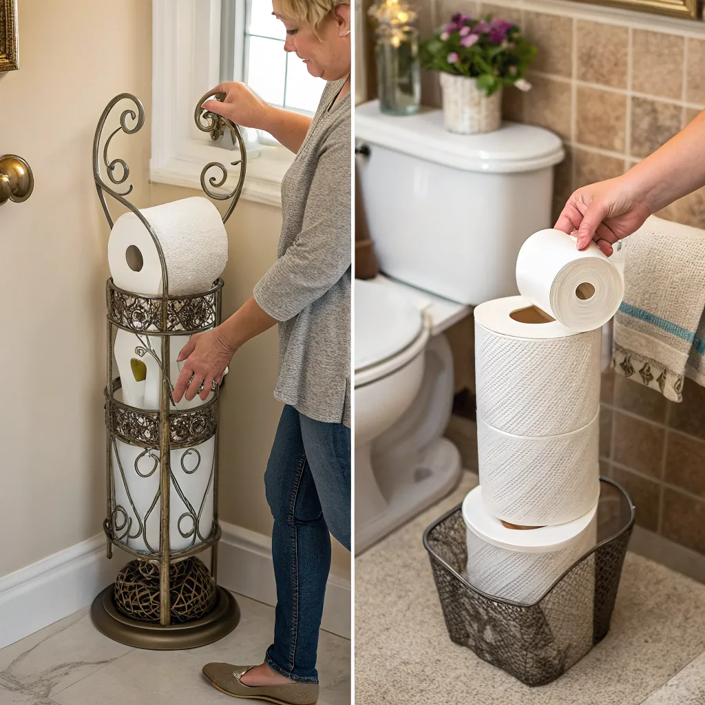 A person organizing toilet paper in a decorative holder and a basket, showcasing bathroom storage ideas.