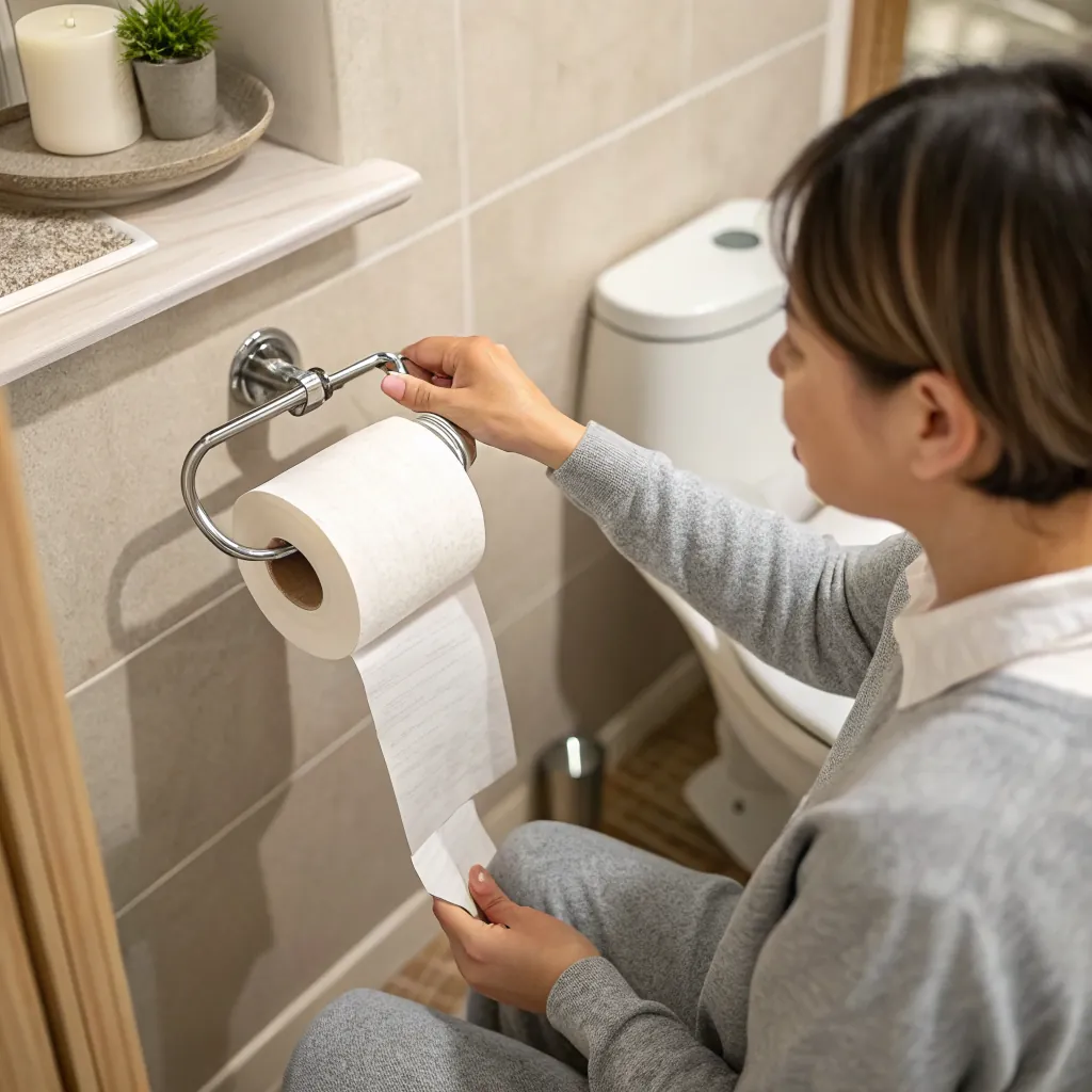 Individual seated in a bathroom, holding toilet paper roll while reaching for paper