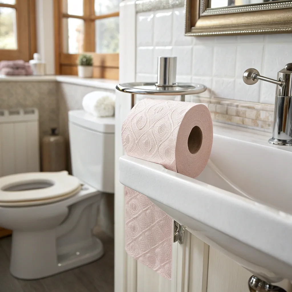 A bathroom interior featuring a toilet, sink, and holder with patterned toilet paper in a bright and clean setting.